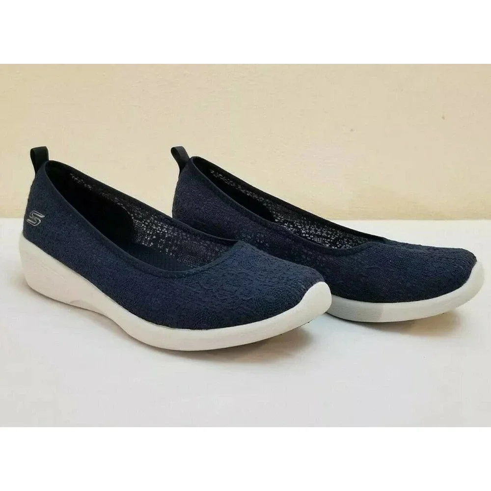 SKECHERS Women Arya Airy Days Wedge Navy Mesh Fabric Slip On Shoes size 8.5
